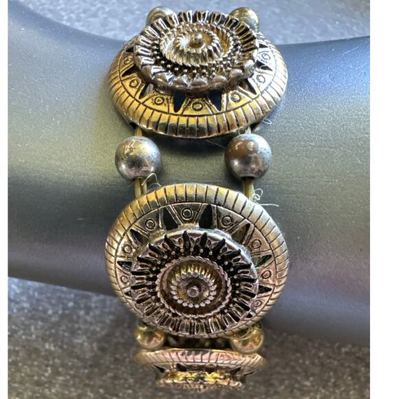 Grecian Style Medallion Stretchy Gold Tone Bracelet - Picture 1 of 4